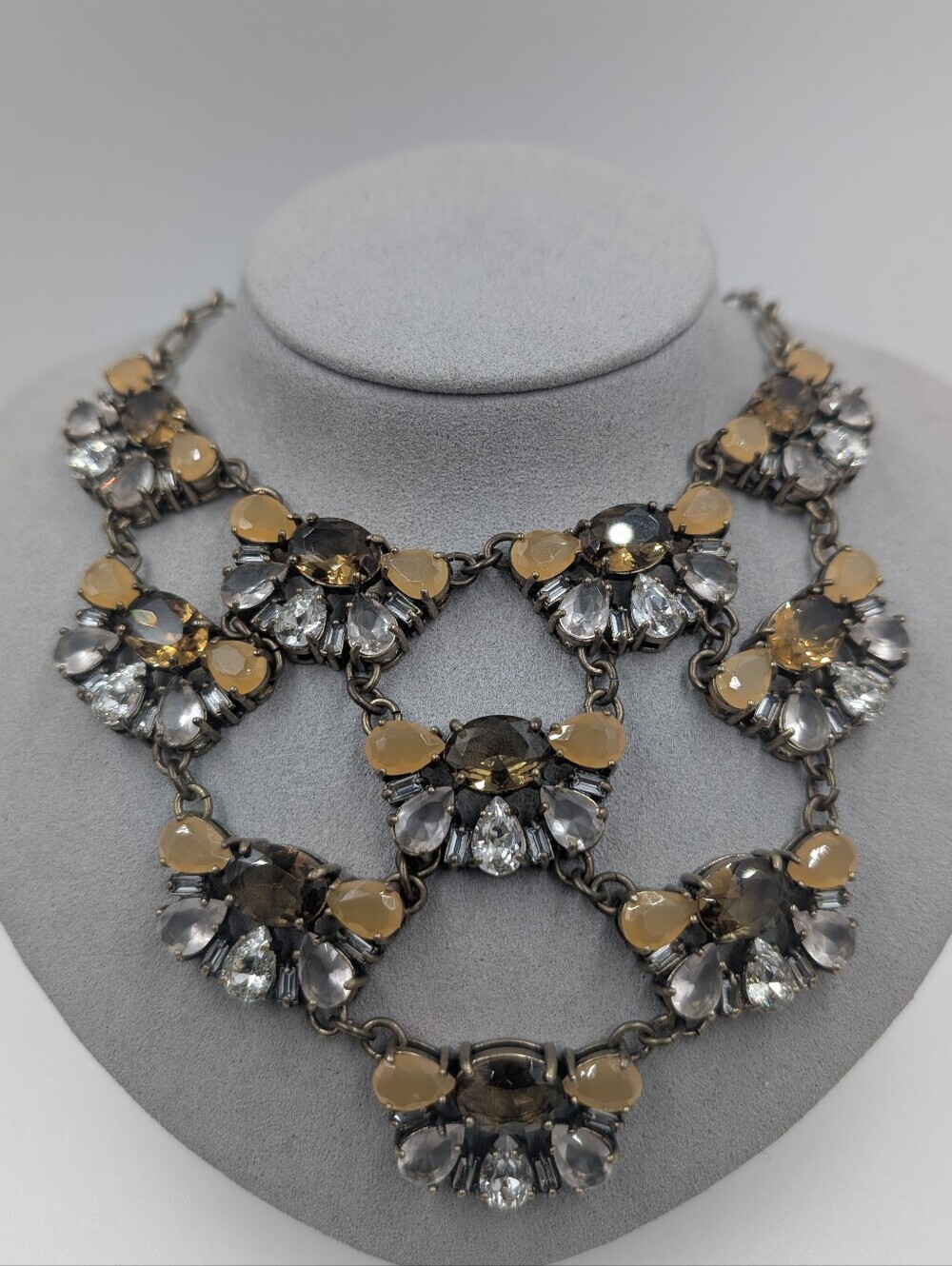 Signed J. Crew Smoky Topaz Amber Crystal Web Bib Statement Necklace 0613